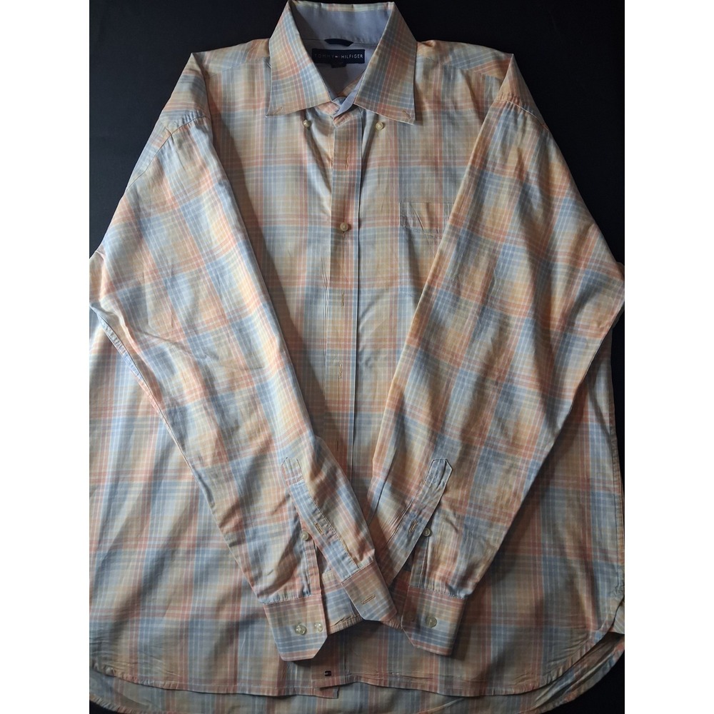 Tommy Hilfiger  Mens  Button Down Plaid Casual Dress Shirt Size XL Peach Blue